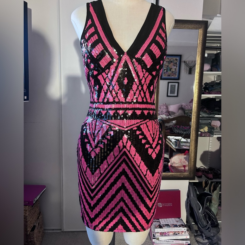 Bebe Black and Pink Sequin Sheer dress